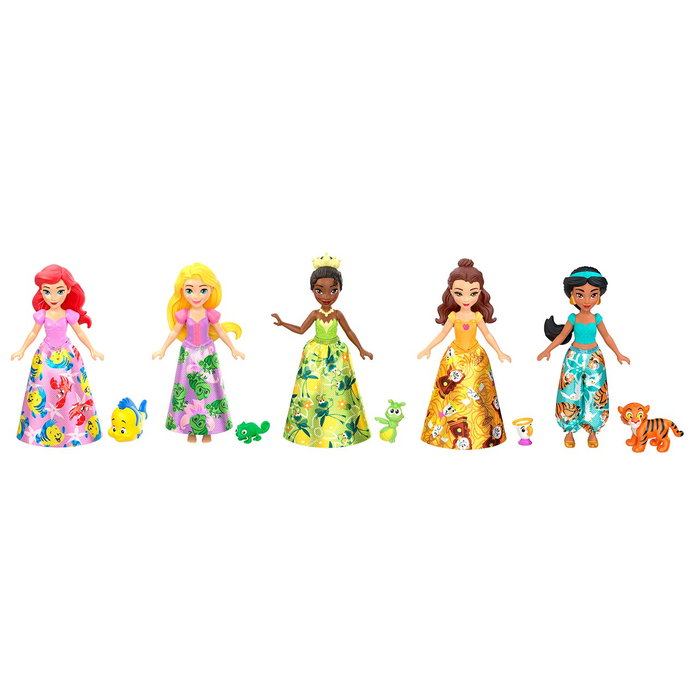 Mattel Pack 5 Mini Princesas Jbl33 Disney Princess, Incluye Ariel, Tiana, Bella, Jasmine y Rapunzel con Figuras de Amigos