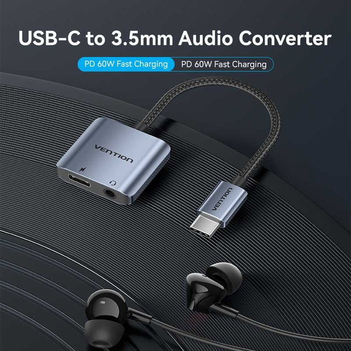 Vention Adaptador de Audio BIGHA USB-C a Jack 3.5 mm y USB-C PD Gris