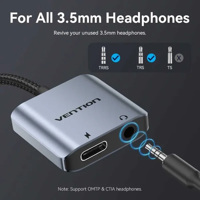 Vention Adaptador de Audio BIGHA USB-C a Jack 3.5 mm y USB-C PD Gris
