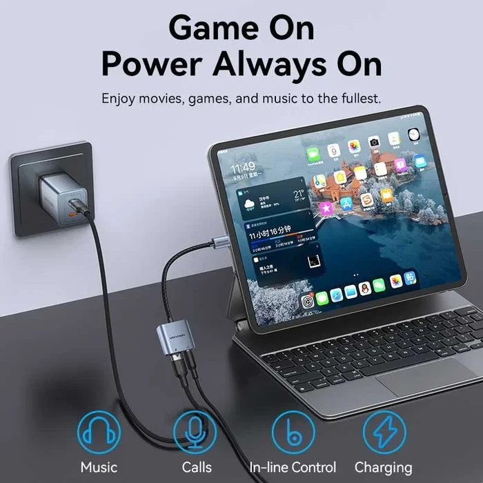 Vention Adaptador de Audio BIGHA USB-C a Jack 3.5 mm y USB-C PD Gris