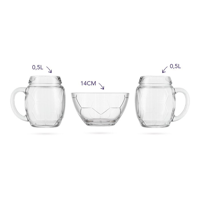 San Ignacio Juego de 3 piezas de cristal con forma de balón de fútbol: bol 14 cm y 2 jarras 0,5 L San Ignacio Juego de 3 piezas de cristal con forma de balón de fútbol: bol 14 cm y 2 jarras 0,5 L