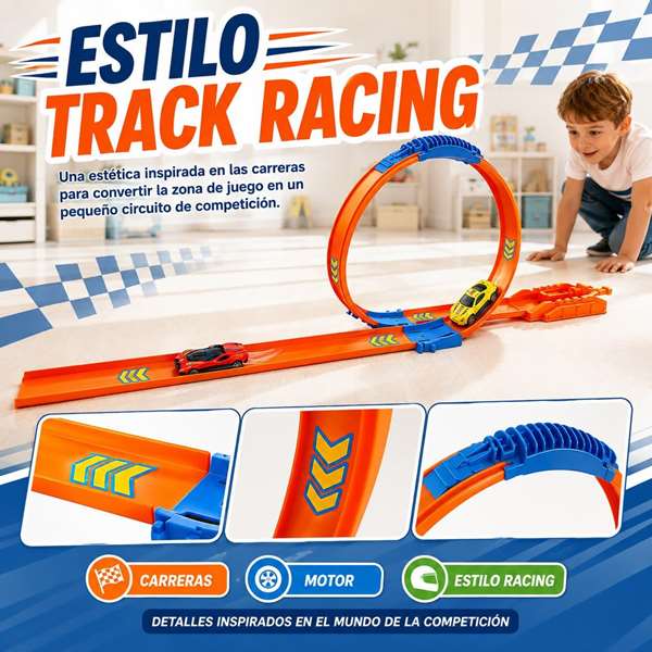 JugaToys Pista Track Racing con looping y almacenamiento con 6 coches