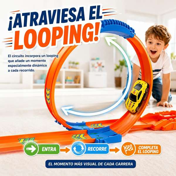 JugaToys Pista Track Racing con looping y almacenamiento con 6 coches