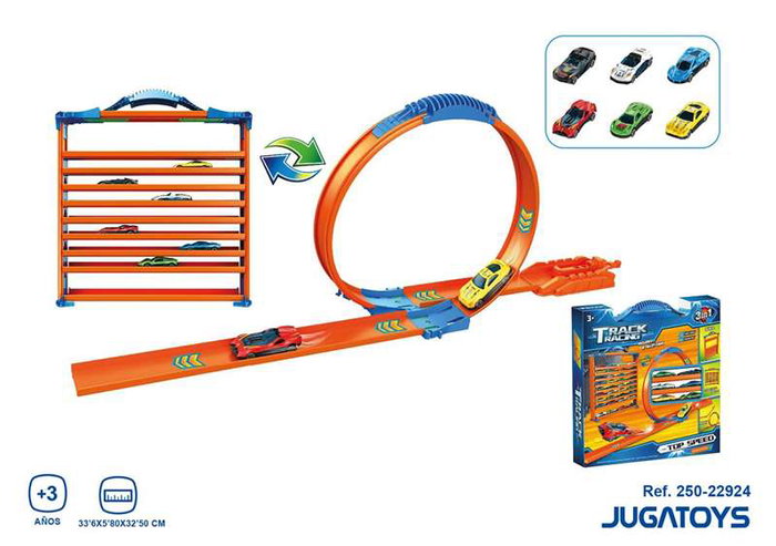 JugaToys Pista Track Racing con looping y almacenamiento con 6 coches