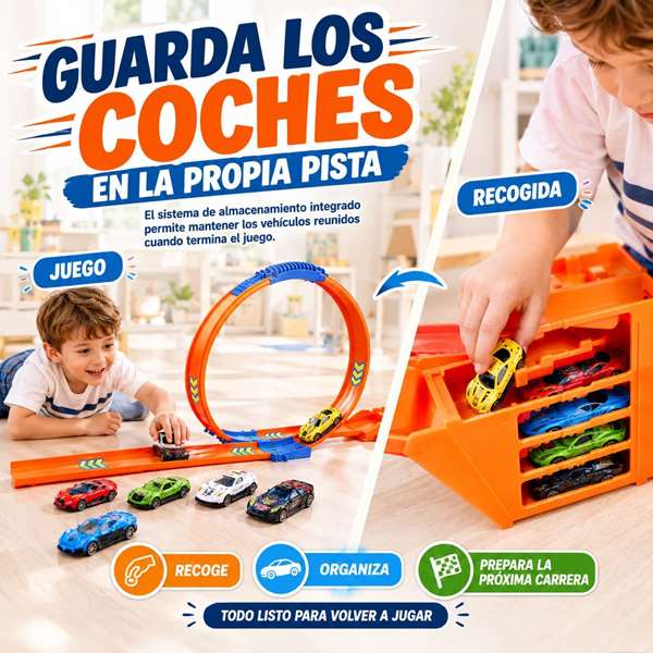 JugaToys Pista Track Racing con looping y almacenamiento con 6 coches