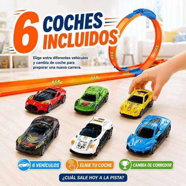JugaToys Pista Track Racing con looping y almacenamiento con 6 coches