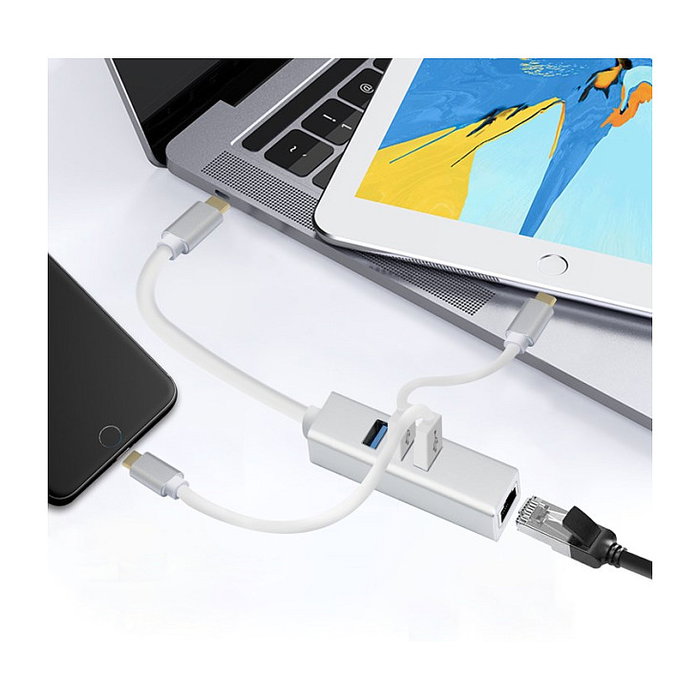 Helos Hub USB 3.1 Tipo C con 3x USB y RJ45 Gigabit Ethernet, Plata