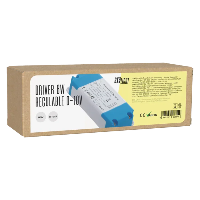 BX3 LIGHT Driver LED BX3-DRDIM0-10V-6W 6W, Fuente Alimentación 12-48VDC 300 mA Regulación 0-10V, Clase II, Para Downlights y Paneles LED