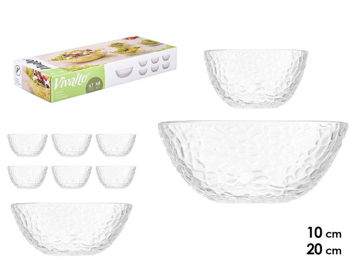 Vivalto Set 7 Piezas Relieve Bol Grande 20x20x8cm y 6 Bol Pequeños 10.3x10.3x5.5cm Vidrio Transparente 54x9x22.2cm (Set de 4) Vivalto Set 7 Piezas Relieve Bol Grande 20x20x8cm y 6 Bol Pequeños 10.3x10.3x5.5cm Vidrio Transparente 54x9x22.2cm (Set de 4)