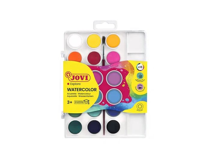 Jovi Acuarela en Pastillas 18 Colores Surtidos con Pincel y Estuche de Plástico
