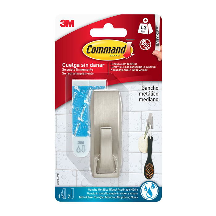 3M Command Gancho metálico con reflejos modernos, mediano, níquel satinado, carga máxima 1.3 kg, 1 unidad + 2 tiras, mr02-sn-b