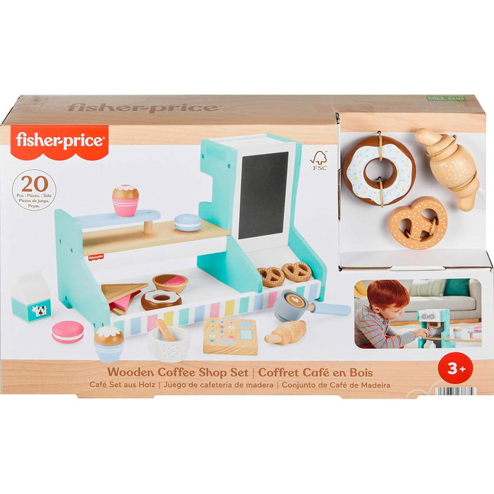 Fisher-Price Cafetería de Madera Hxv22 Juego de Rol 20 Piezas, Fomenta el Juego Imaginativo, +3 Años, Madera Sostenible FSC, Sin Plástico