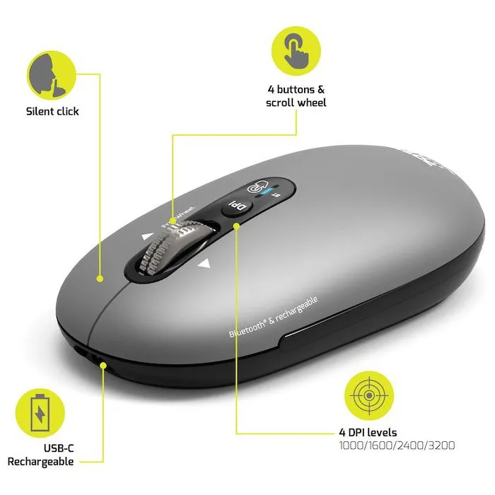 Port Designs Ratón Inalámbrico 910009 PURE Bluetooth Recargable - Gris