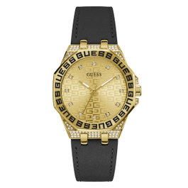 Guess Reloj GW0547L3 con caja dorada y correa de piel negra