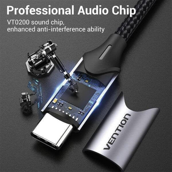 Vention Cable Conversor de Audio BGPHY USB Tipo-C Macho a 2x Jack 3.5mm TRS Hembra, 30cm (0.3m), Color Negro Gris para Conectar Auriculares