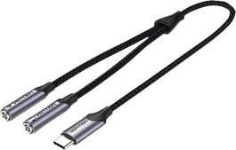 Vention Cable Conversor de Audio BGPHY USB Tipo-C Macho a 2x Jack 3.5mm TRS Hembra, 30cm (0.3m), Color Negro Gris para Conectar Auriculares
