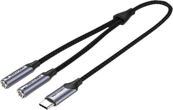 Vention Cable Conversor de Audio BGPHY USB Tipo-C Macho a 2x Jack 3.5mm TRS Hembra, 30cm (0.3m), Color Negro Gris para Conectar Auriculares