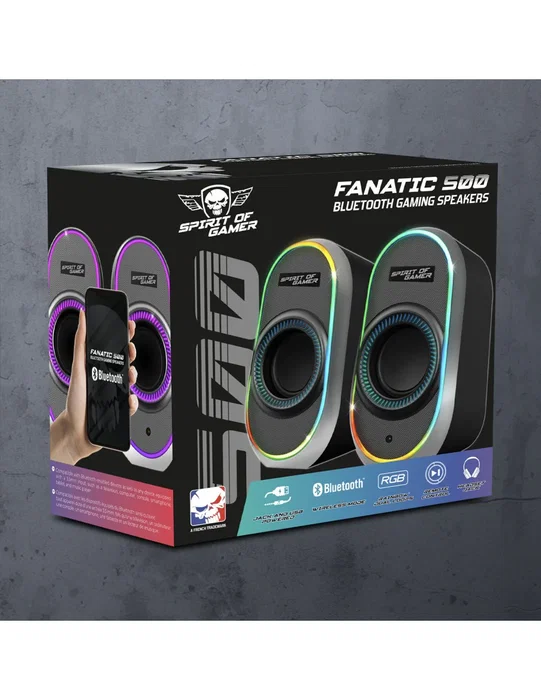 Spirit of Gamer FANATIC 500 DARK - Altavoces 2.0 para PC y Móvil, 3W, Conexión Bluetooth 5.1 y Cable 3.5mm, Retroiluminación RGB, Negro