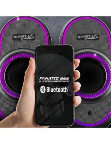 Spirit of Gamer FANATIC 500 DARK - Altavoces 2.0 para PC y Móvil, 3W, Conexión Bluetooth 5.1 y Cable 3.5mm, Retroiluminación RGB, Negro