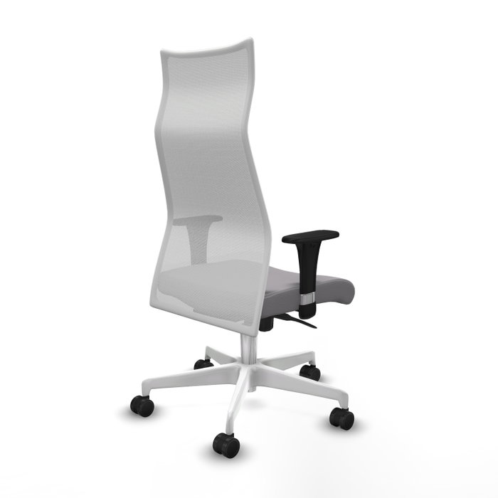 Sillón Albacete con mecanismo Sincro tapizada con Similpiel color Gris y malla color Blanco. Equipado con Base poliamida blanca, Brazos 1D y Ruedas 65mm nailon