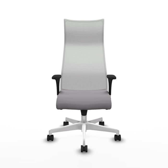 Sillón Albacete con mecanismo Sincro tapizada con Similpiel color Gris y malla color Blanco. Equipado con Base poliamida blanca, Brazos 1D y Ruedas 65mm nailon