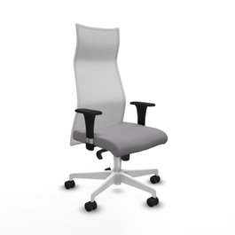 Sillón Albacete con mecanismo Sincro tapizada con Similpiel color Gris y malla color Blanco. Equipado con Base poliamida blanca, Brazos 1D y Ruedas 65mm nailon