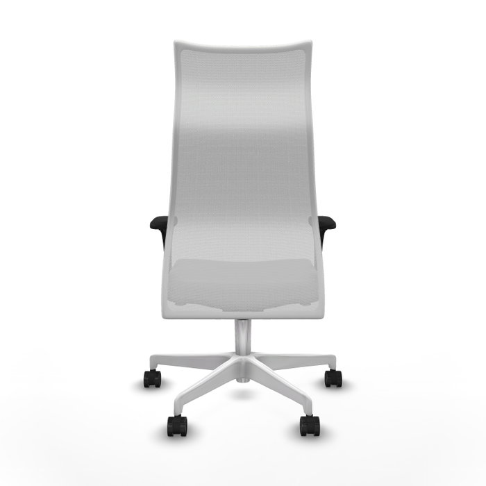 Sillón Albacete con mecanismo Sincro tapizada con Similpiel color Gris y malla color Blanco. Equipado con Base poliamida blanca, Brazos 1D y Ruedas 65mm nailon