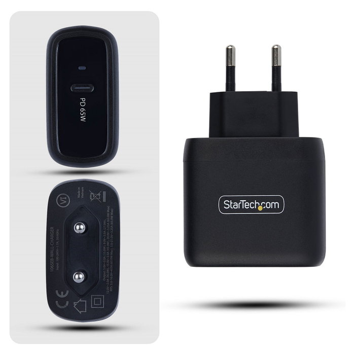 Startech Cargador de pared USB-C 65W Compacto GaN Negro