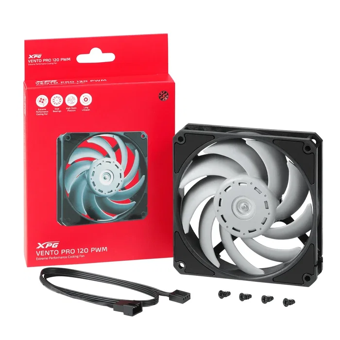 ADATA XPG Vento Pro 120 PWM - Ventilador para Caja PC de 120 mm, Negro/Blanco, 2500 RPM, 75 CFM, 28 dB(A), Alta Presión Estática, Conexión en Cadena