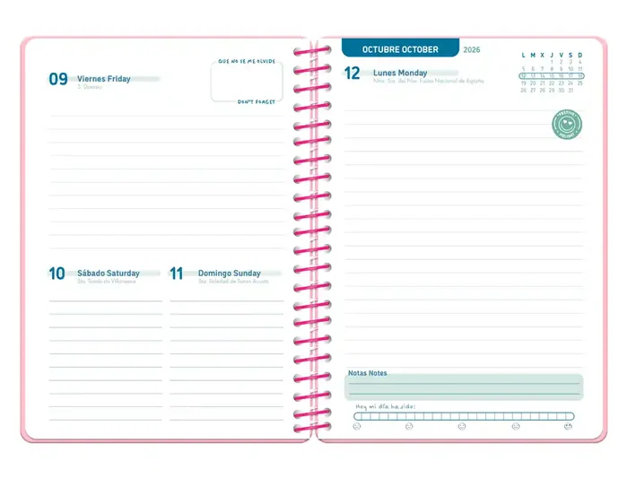 Liderpapel Agenda Escolar 2026-2027 Basic Bilingüe A5 Rosa, Interiores Bilingüe, Espiral, Día Página, Papel FSC 70g, con Gomilla y Calificador del Día