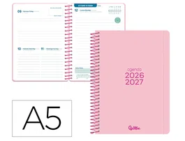 Liderpapel Agenda Escolar 2026-2027 Basic Bilingüe A5 Rosa, Interiores Bilingüe, Espiral, Día Página, Papel FSC 70g, con Gomilla y Calificador del Día