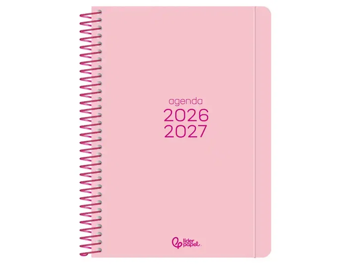 Liderpapel Agenda Escolar 2026-2027 Basic Bilingüe A5 Rosa, Interiores Bilingüe, Espiral, Día Página, Papel FSC 70g, con Gomilla y Calificador del Día