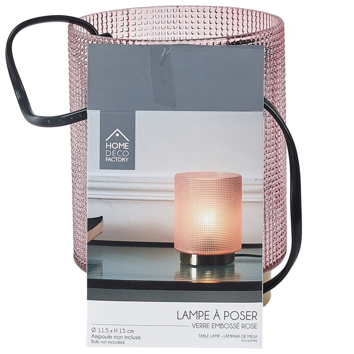 Home Deco Factory Lampara de Mesa Rosa con Luz Suave - Translucida, Vidrio Relieve, Casquillo E14 - d.11,5 cm h.15 cm