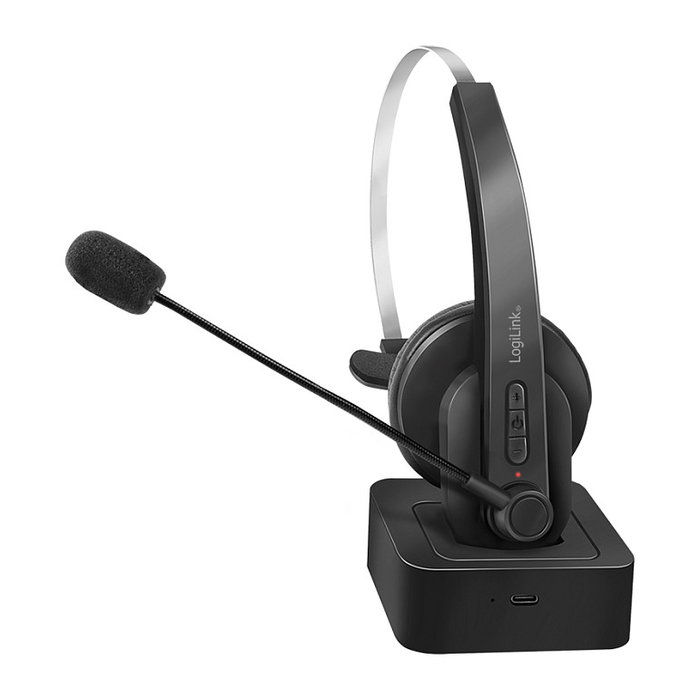 LogiLink Auriculares Diadema Bluetooth Mono BT0059 para Oficina/Call Center con Micrófono Boom, Base de Carga y USB, Negro