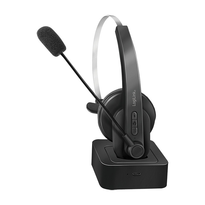 LogiLink Auriculares Diadema Bluetooth Mono BT0059 para Oficina/Call Center con Micrófono Boom, Base de Carga y USB, Negro