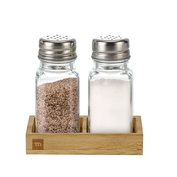Inde Set 2 Salero y Pimentero con Base de Bambú La Mediterran | 5.6 cm ancho x 10.4 cm alto x 10.7 cm largo (24 Unidades)