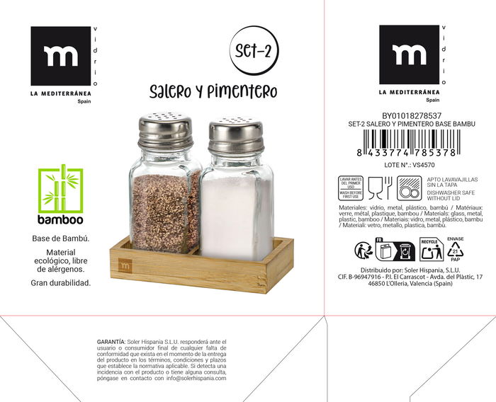 Inde Set 2 Salero y Pimentero con Base de Bambú La Mediterran | 5.6 cm ancho x 10.4 cm alto x 10.7 cm largo (24 Unidades)