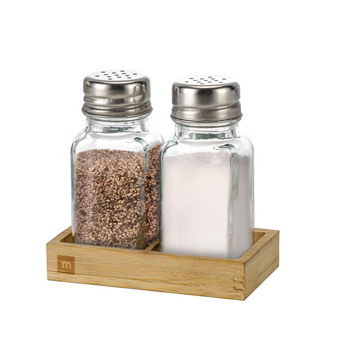 Inde Set 2 Salero y Pimentero con Base de Bambú La Mediterran | 5.6 cm ancho x 10.4 cm alto x 10.7 cm largo (24 Unidades)
