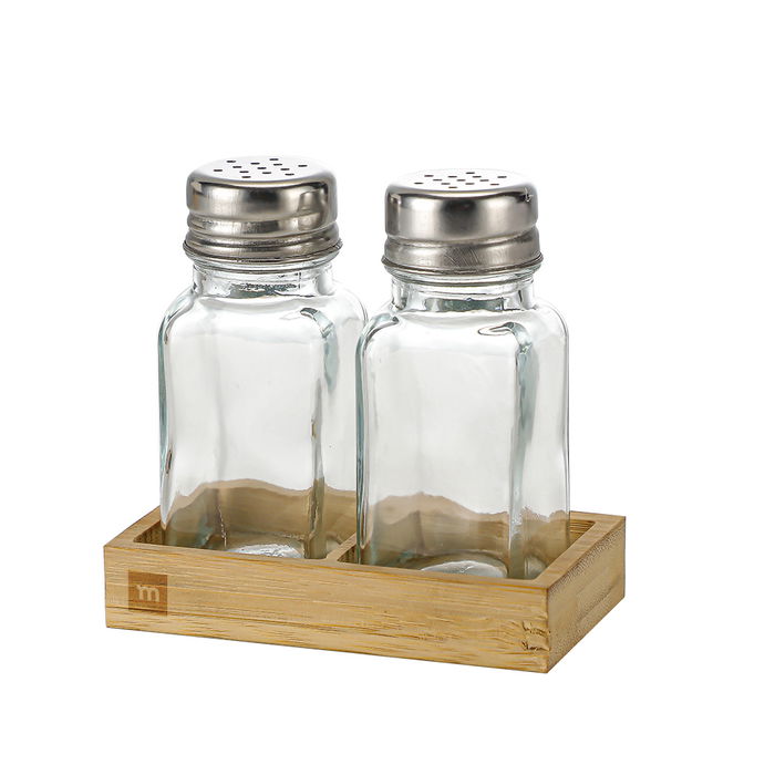 Inde Set 2 Salero y Pimentero con Base de Bambú La Mediterran | 5.6 cm ancho x 10.4 cm alto x 10.7 cm largo (24 Unidades)