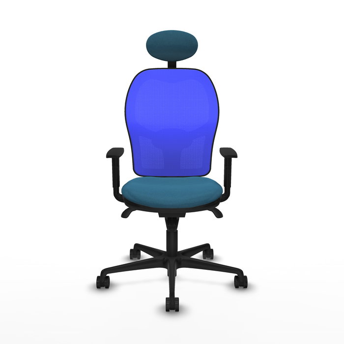Silla de oficina Jorquera con mecanismo Sincro tapizada con Tela color Verde petróleo y malla color Azul. Equipada con lumbar 1D, Brazos 1D, Cabecero Fijo y Ruedas 65mm nailon