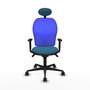 Silla de oficina Jorquera con mecanismo Sincro tapizada con Tela color Verde petróleo y malla color Azul. Equipada con lumbar 1D, Brazos 1D, Cabecero Fijo y Ruedas 65mm nailon