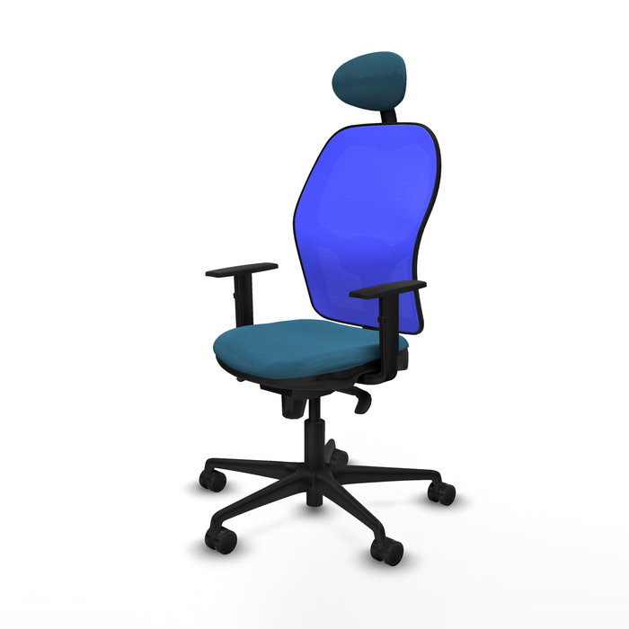 Silla de oficina Jorquera con mecanismo Sincro tapizada con Tela color Verde petróleo y malla color Azul. Equipada con lumbar 1D, Brazos 1D, Cabecero Fijo y Ruedas 65mm nailon