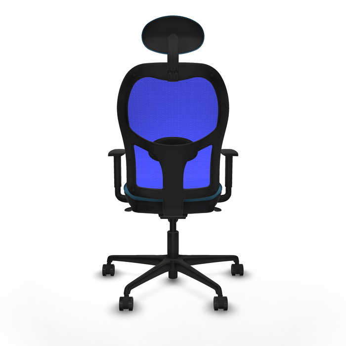 Silla de oficina Jorquera con mecanismo Sincro tapizada con Tela color Verde petróleo y malla color Azul. Equipada con lumbar 1D, Brazos 1D, Cabecero Fijo y Ruedas 65mm nailon