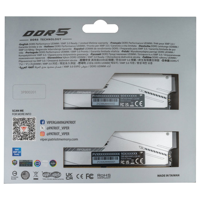 Patriot Viper Xtreme 5 RGB 48GB (2x24GB) DDR5 6400MHz CL30 DIMM 288-pin con ECC, XMP 3.0, Iluminación RGB, Color Plata