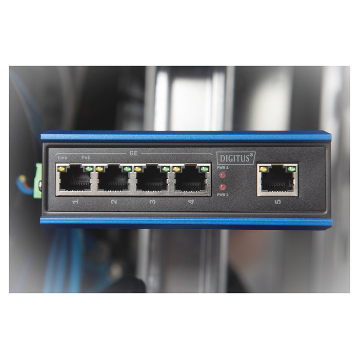 Digitus Switch de Red Industrial 5 Puertos Gigabit, 4 Puertos PoE+ (30W c/u), Unmanaged, 10 Gbps, Montaje Pared/DIN, Negro/Azul, DN-651120