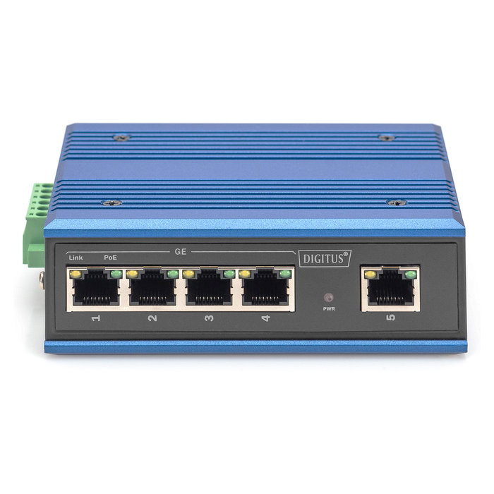 Digitus Switch de Red Industrial 5 Puertos Gigabit, 4 Puertos PoE+ (30W c/u), Unmanaged, 10 Gbps, Montaje Pared/DIN, Negro/Azul, DN-651120