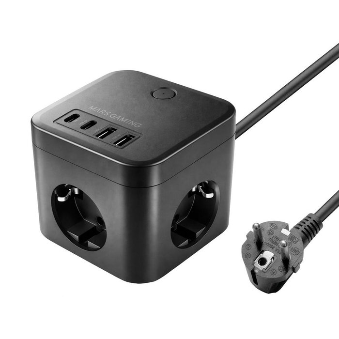 Mars Gaming MDCUBE35 Cargador de Pared 35W con GaN - 3 Enchufes SCHUKO + 2 USB-C + 2 USB-A, Negro, 1.8 m Cable, Botón ON/OFF Mars Gaming MDCUBE35 Cargador de Pared 35W con GaN - 3 Enchufes SCHUKO + 2 USB-C + 2 USB-A, Negro, 1.8 m Cable, Botón ON/OFF