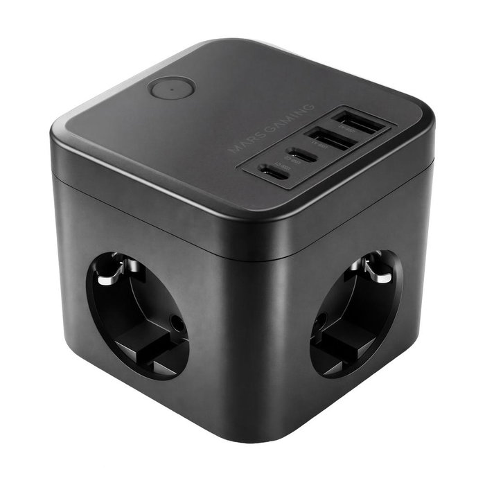 Mars Gaming MDCUBE35 Cargador de Pared 35W con GaN - 3 Enchufes SCHUKO + 2 USB-C + 2 USB-A, Negro, 1.8 m Cable, Botón ON/OFF Mars Gaming MDCUBE35 Cargador de Pared 35W con GaN - 3 Enchufes SCHUKO + 2 USB-C + 2 USB-A, Negro, 1.8 m Cable, Botón ON/OFF
