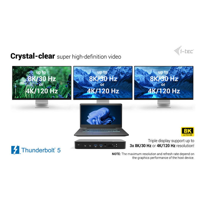 I-Tec Thunderbolt 5 Triple Display Docking Station, M.2 SSD, 6x USB, 2.5GLAN, PD 140W, Negro