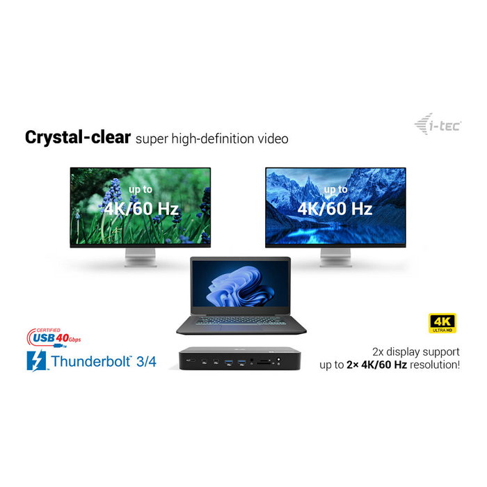I-Tec Thunderbolt 5 Triple Display Docking Station, M.2 SSD, 6x USB, 2.5GLAN, PD 140W, Negro